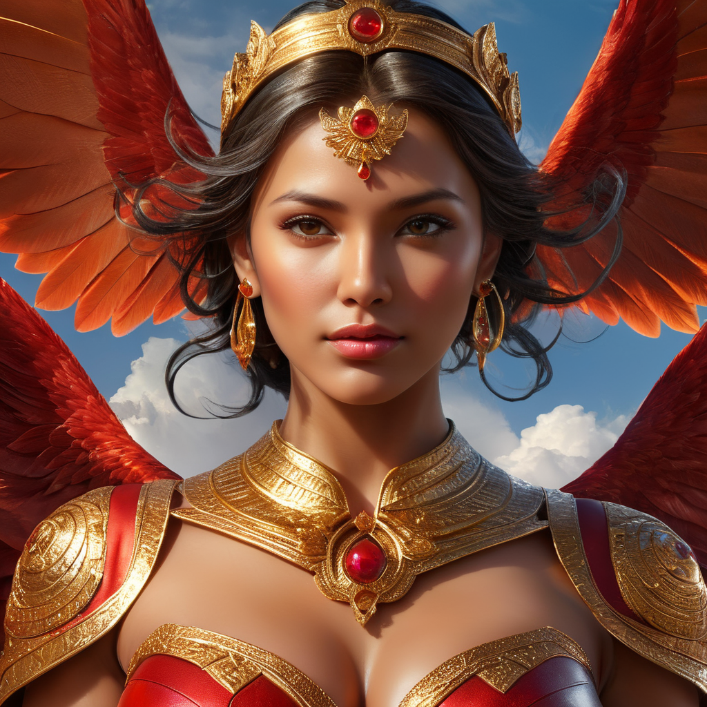 woman Angel of love flying in the sky, full body view, hyper realistic, red gold colours, magic style. positive vives, energy blast in background, light in the sky, sun, bright, glorious, marvellous, epic, heroic, very detailed latin american human face, perfect face looking to the front, Peruvian machu pichu mountains, correct face, perfect eyes, hyper realistic skin, deep skin texture, hyper realistic, hyper focus, perfect hands, perfect face