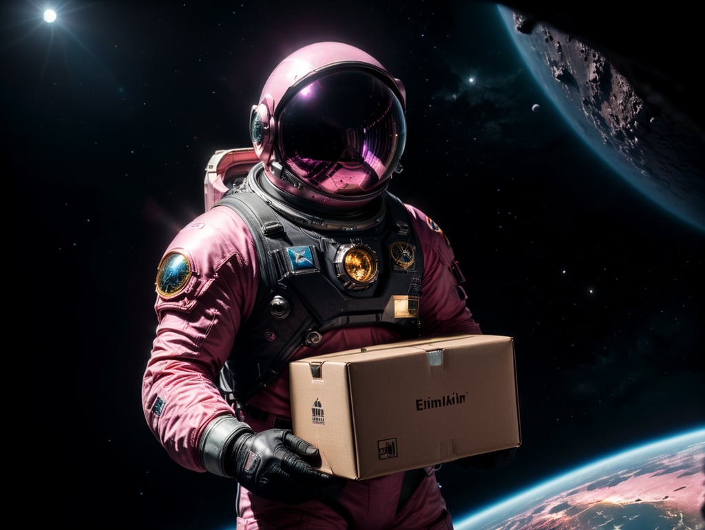 An astronaut holding a t-shirt and box in deep space. Floating in dark space with just small stars, pitch black. Pink astronaut suit.