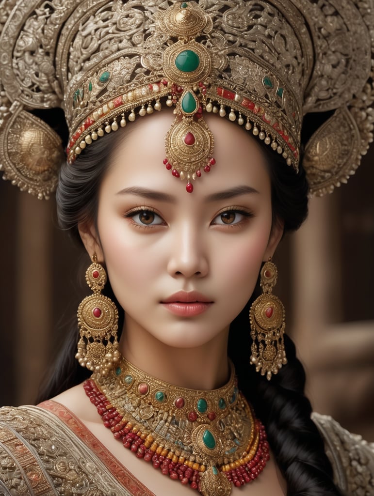 In vivid detail, this image showcases a female figure, captured in a meticulously crafted photograph. The subject exudes natural beauty, with every pore and imperfection of her skin texture revealed. She stands majestically, donning traditional or ceremonial attire that has been intricately adorned. The image portrays her from head to toe, allowing viewers to appreciate the fullness and grandeur of her appearance. The photo is rendered with such remarkable precision and clarity that every intricate detail can be easily observed. With its extraordinary level of detail, this image truly immerses the viewer in the exquisite beauty and cultural richness of the subject.