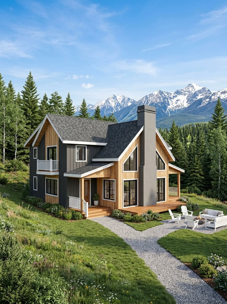 Modern rustic wooden house, dark gray and light timber siding, pitched shingle roof, white trim, tall gray chimney, white outdoor furniture on sloping grass, Y-shaped gravel path, evergreen trees, snow-capped mountains, bright blue sky, crisp daylight, photorealistic architectural render