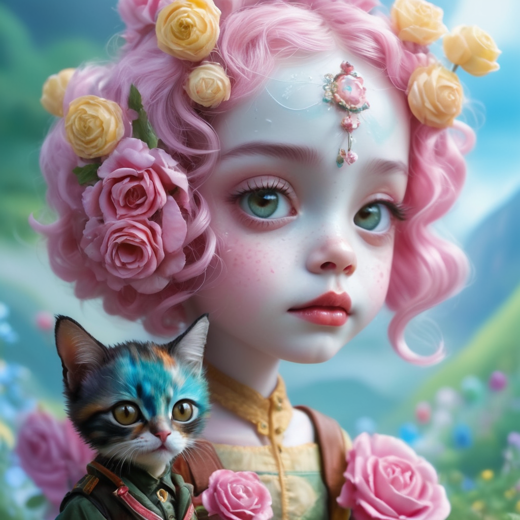 I have discovered a new artist named Tim Burton. I am in love with her work! This is my attempt at something like hers, pop-surrealism, technicolour, a little funny looking pretty kitten wearing a raggedy straw hat, and tattered trousers, holding a very long walking street, walking down a long path towards his dreams holding the hand of his little friend, both are walking and looking towards the camera, summer sky, puffy clouds, Photogenic delight, pretty rose garden background with mountains in the distance, wet brush, splash art, watercolour, cool colour realistic rendering