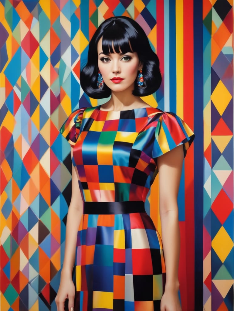 Portrait of a woman with black hair wearing a brightly patterned satin dress, Vivid saturated colors, Contrast color, style of Yaacov Agam, colorful,