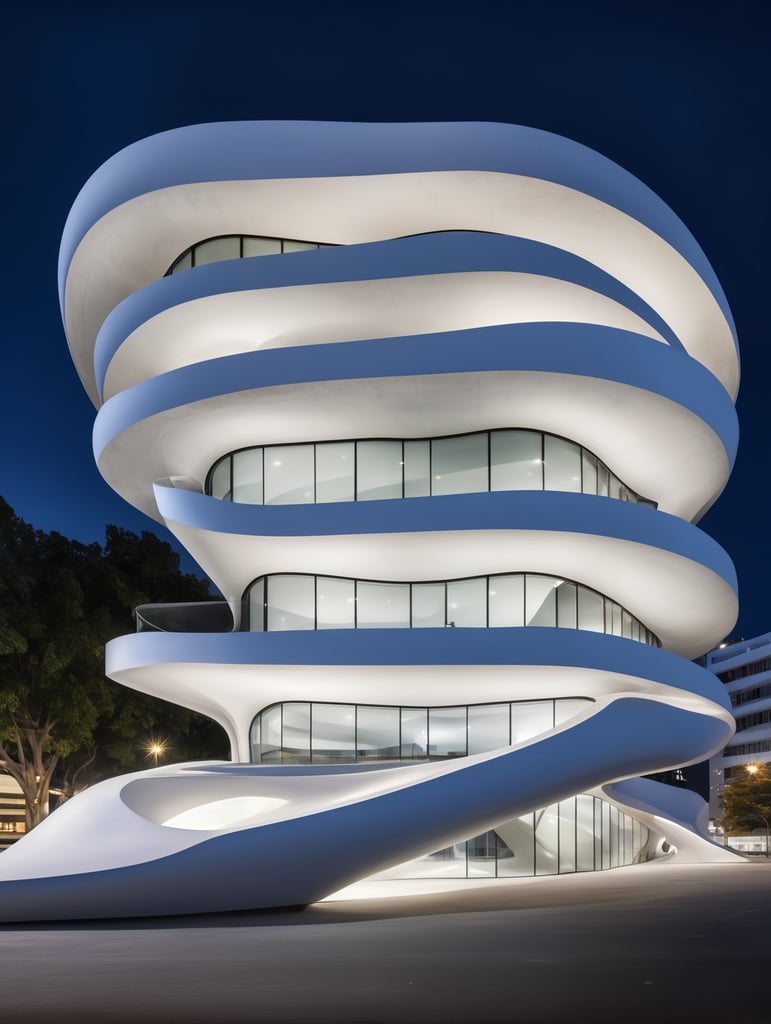 at night, white office building with curved shapes in front, in the style of Zaha Hadid, concrete, flowing, soft, melted
