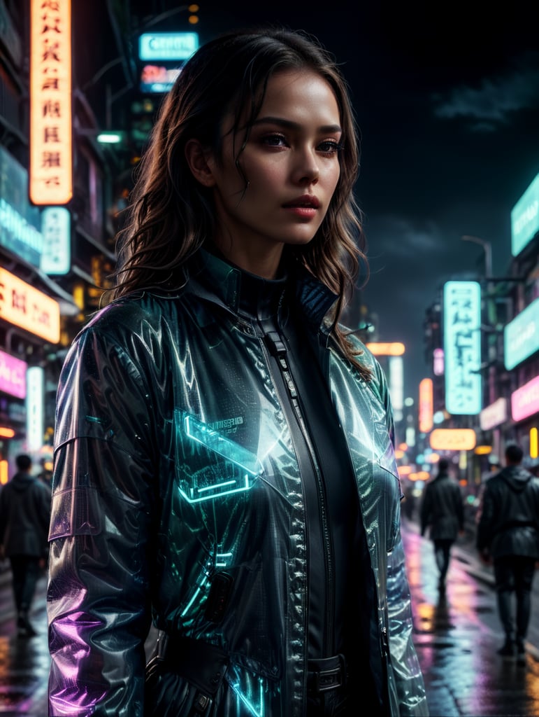 A women wearing translucent coat, standing on a street, neon cyber city, dark night, neon signs