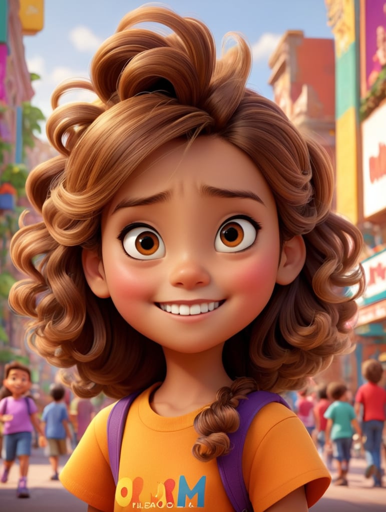 A Disney Pixar-inspired movie poster with title "Lulu Ribas", the scene should be in the distinct digital art style of Pixar in Manaus city, in front of the Amazon opera theater, with a focus on character expressions, Girl, 12 years old, light Brown Curly hair, vibrant colors, and detailed textures that are characteristc of their animations, with the title "Lulu Ribas"