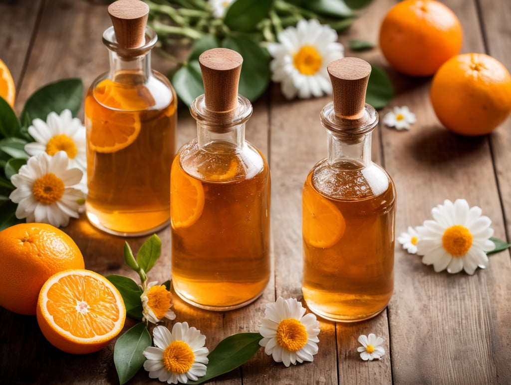 agua, vinagre y esencia de naranja sobre una mesa de madera, con flores al rededor y una atomizador, vistos desde arriba