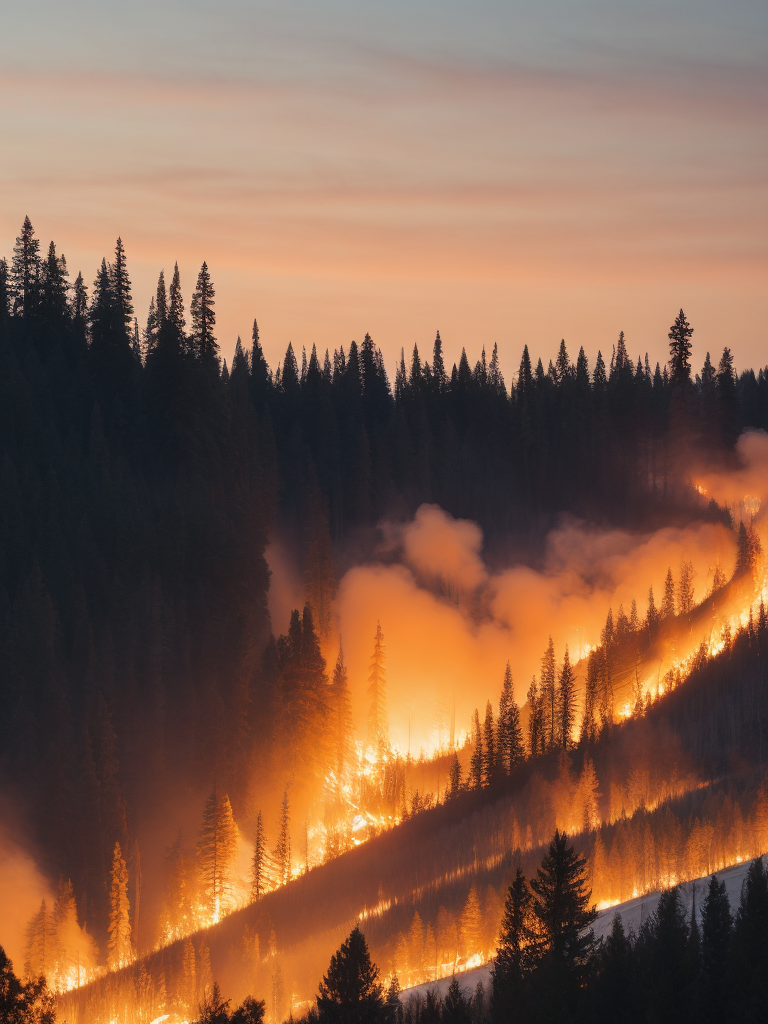 Canada wildfire 2023, Create an image depicting a vast forest landscape in Canada, with flames raging across the horizon. Show the smoke billowing into the sky, casting an ominous orange glow.