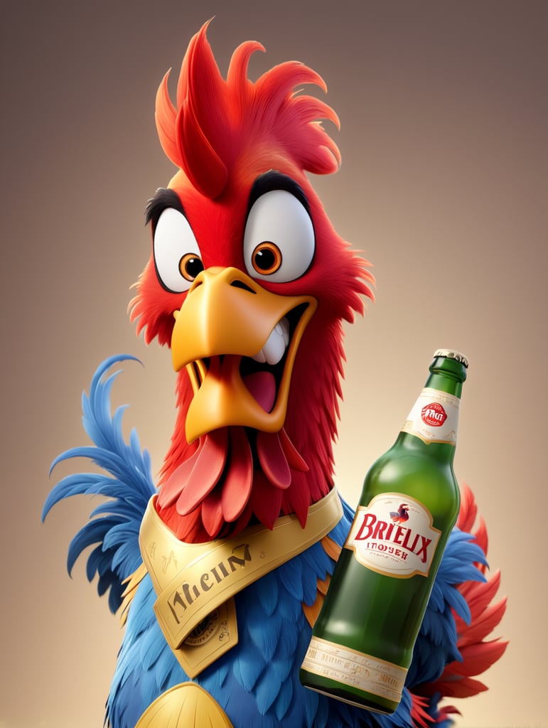 Drunk rooster holding beer