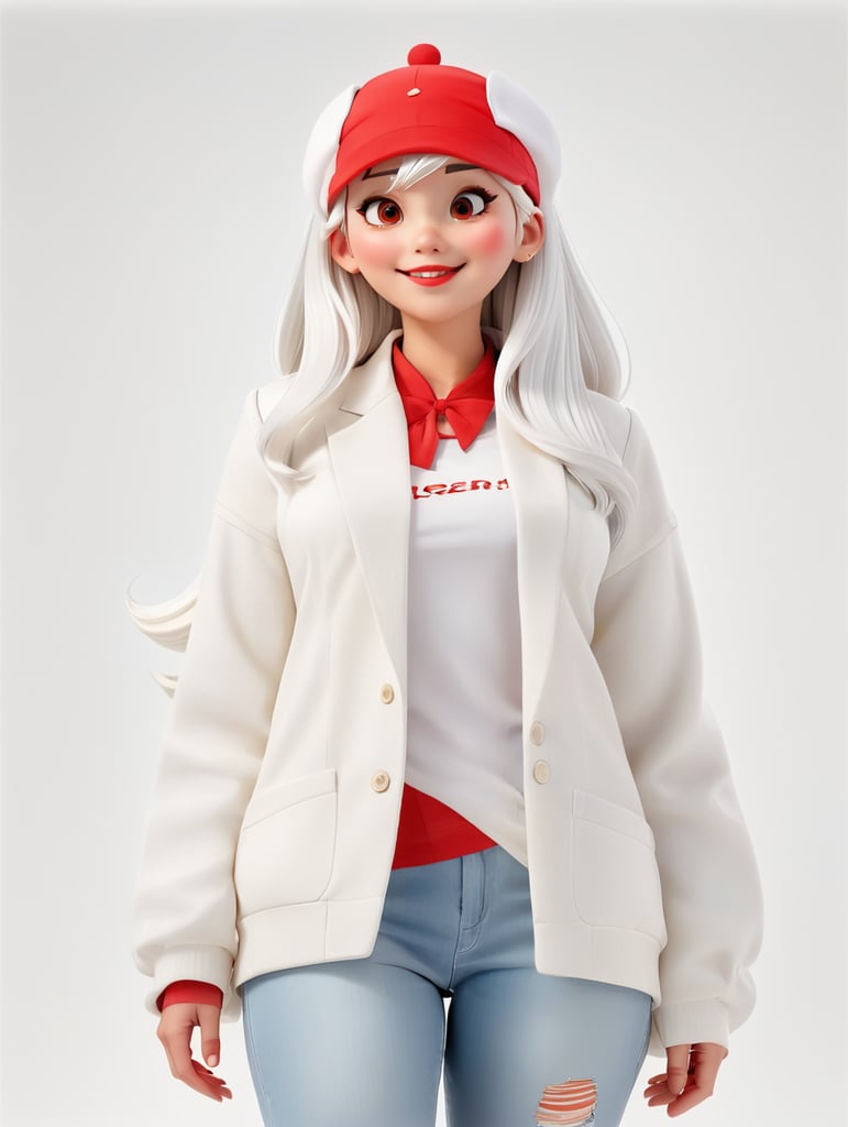 a young women with white hair and red hat on his head is wearing a white lacket, isolated, white background