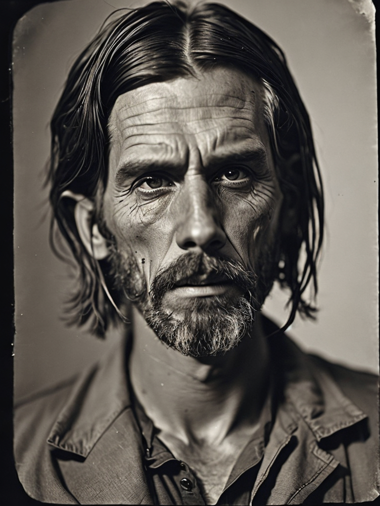 a wet plate photograph of a blind scary man farmer with dark bob haircut, neutral emotions on his face