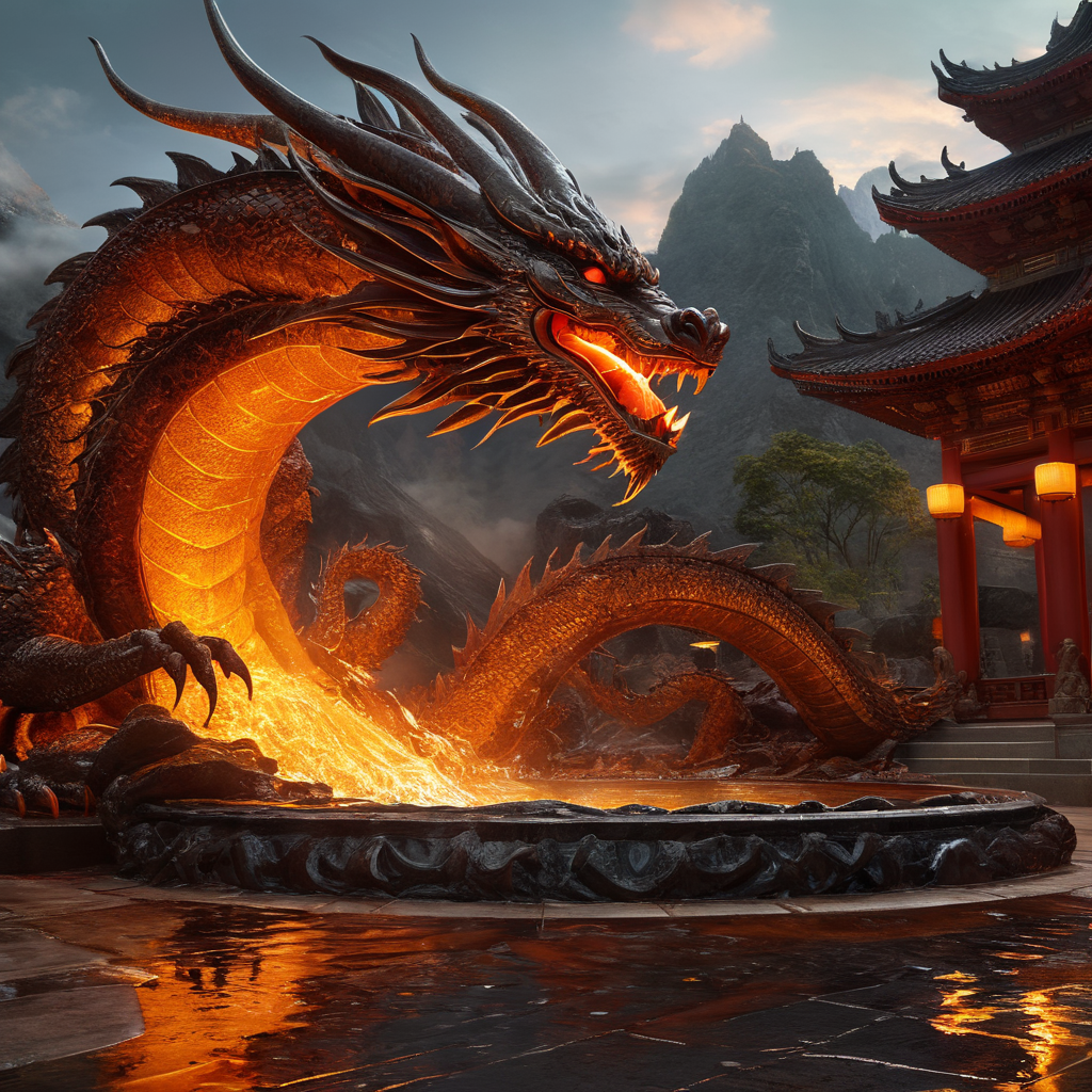 A liquid molten iron asian dragon(masterpiece, intricate and detailed, fiery glow) emerging from a pool.of molten magma (fiery , magma glow) , 500 mp uhd, extremely realistic , sharp focus , no blur denoise