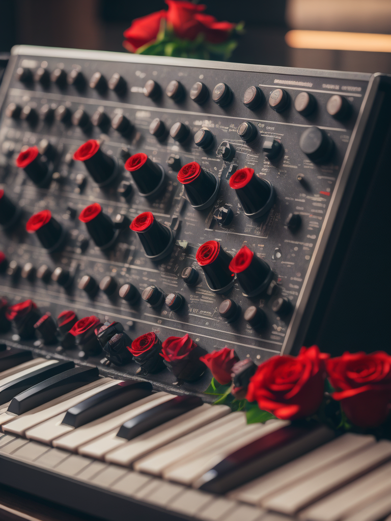 Sintetizador moog con rosas rojas