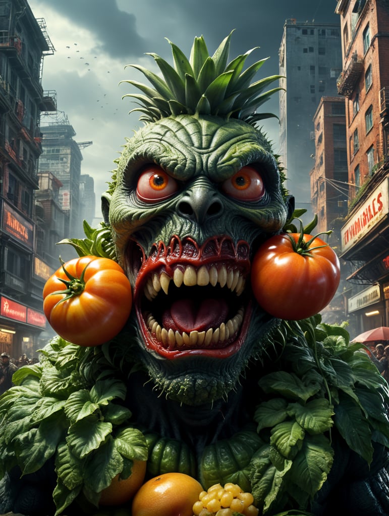 Gloomy, terrifying, surreal, dystopian, mysterious, eerie, sinister Fruit monster, zombie hybrid, a thrilling concoction of tomato and pineapple looming on the moonlit avenues, setting heartbeats racing. Immersed in an awe-striking cinematic panorama, the fear palpable, drama personified, ingeniously framed with a crane shot, shot by the acclaimed Emmanuel Lubezki, visualized in captivating 4K quality, on the groundbreaking website Movisphere.net.