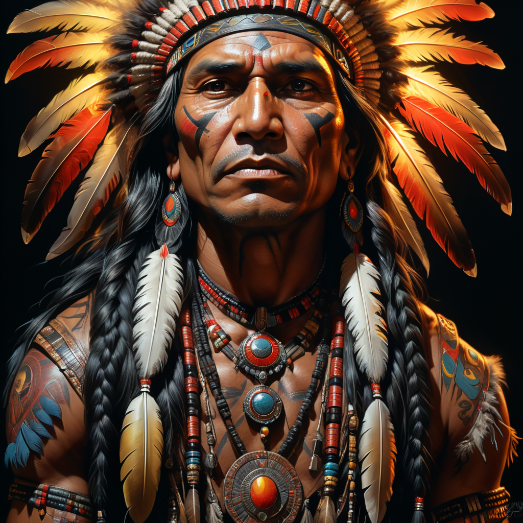 indian native american on black backround, flat style, portrait,Oil Painting style,dramatic night lights, comics