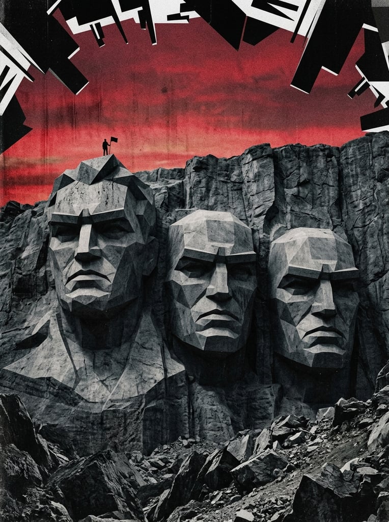 Three colossal, geometric, low-poly humanoid masks carved into a monolithic gray cliff. Rendered in a gritty, constructivist style, the monuments feature stark, angular planes and heavy T-shaped brows. A tiny silhouetted figure stands atop the leftmost head, emphasizing the massive scale. The background is a stark, textured crimson sky framed by jagged black and white geometric shapes hanging from the top edge.