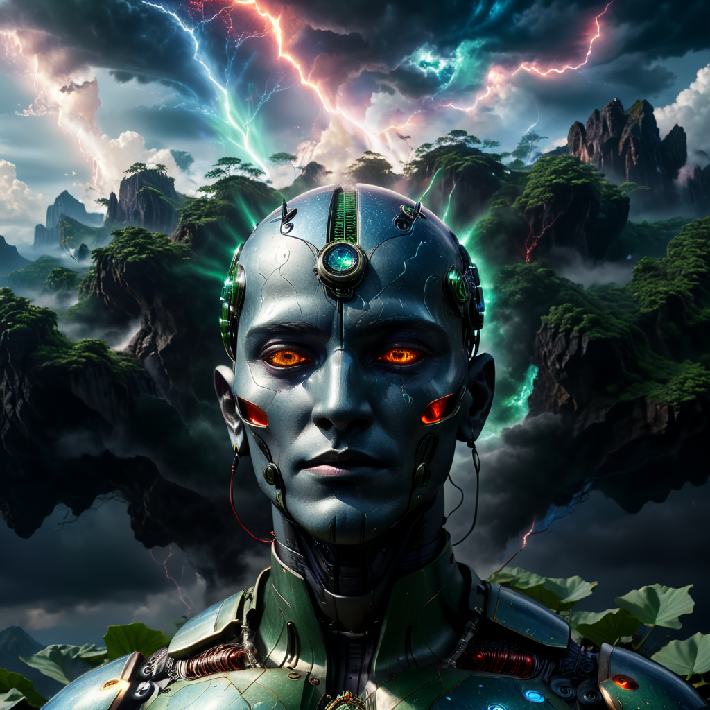 a cyborg write aura blue skin baldness white glowing eyes in lotus position air floating sky in to cosmos space green red blue lightning