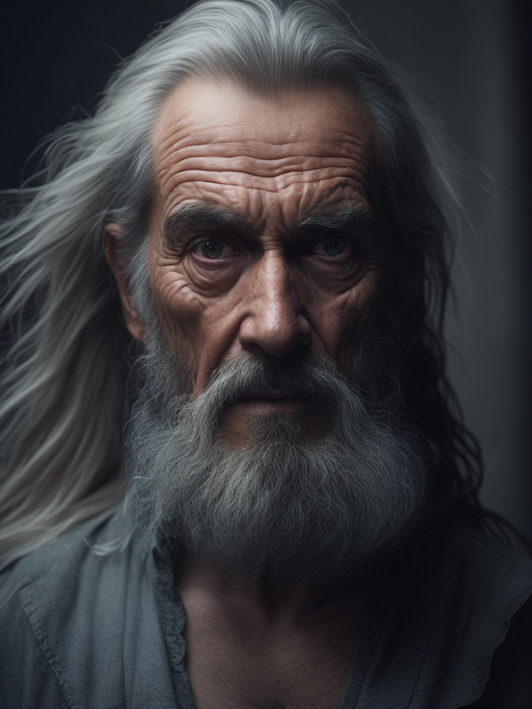 an angry old man, ash long hair, beard, long shot