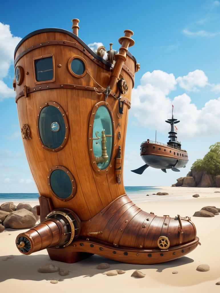 A giant's boot modified into a wooden submarine boot with a propeller on the back of the heel, a periscope, water tight, portholes. Epic composition. Highly detailed.