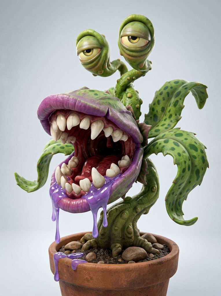 3D stylized monstrous carnivorous plant, gaping split-pod mouth, large interlocking bone-white fangs, deep red interior, thick glossy purple slime dripping from lower jaw, prominent sleepy eyes on green stalks, yellow sclera, half-closed eyelids, bulbous twisted green stem base, broad curving green leaves, darker green mottled spots, small brown stones at the roots, seamless light grey studio background, cartoon realism, soft volumetric studio lighting, vibrant color palette, high-resolution 3D sculpt, character concept art