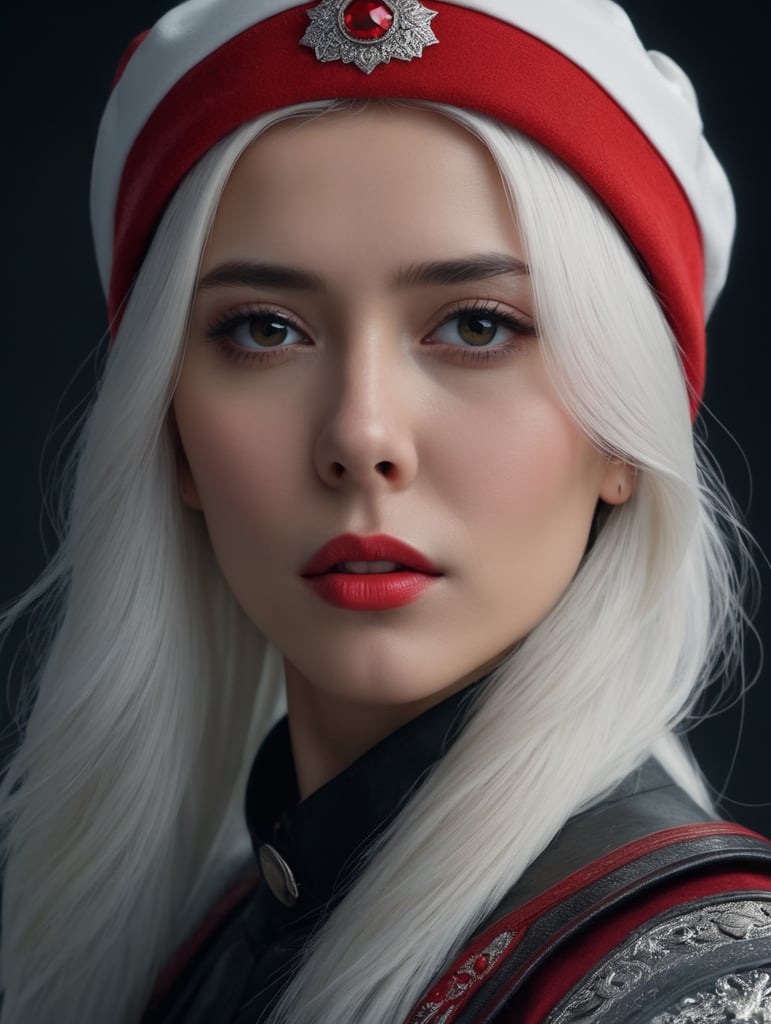 a young women with white hair and red hat on his head is wearing a white lacket, isolated, white background