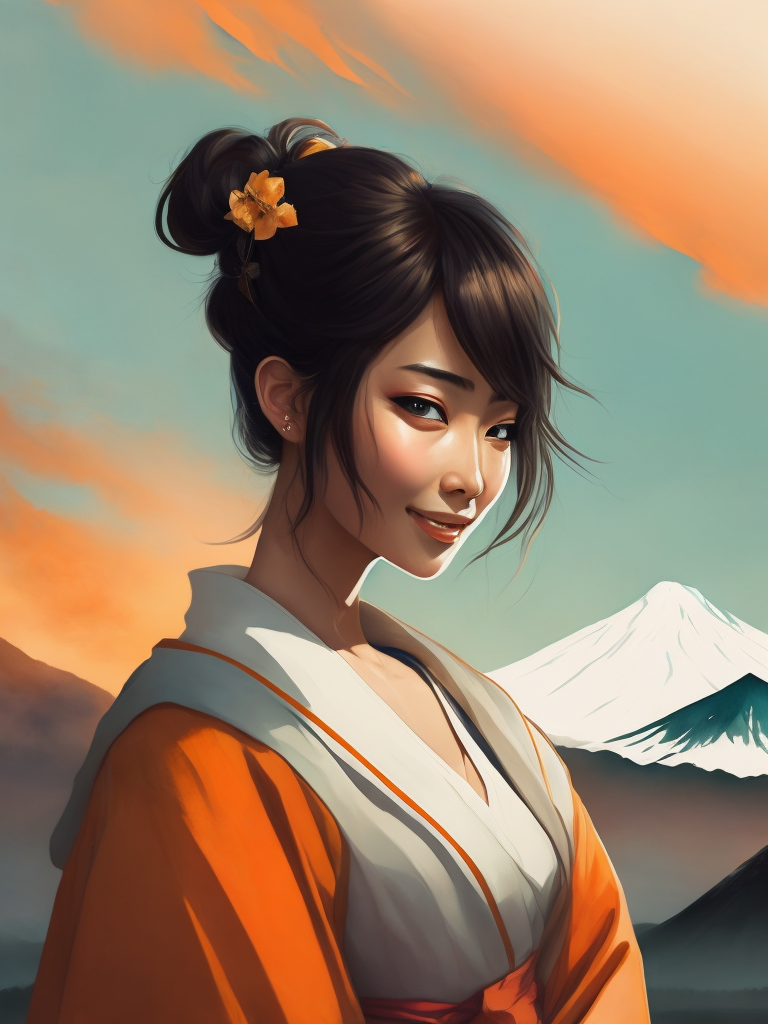 A cute and smiling Japanese girl in a white kimono, Mount Fuji in the distance. gentle watercolor style. clear, sharp and artistic high-resolution picture.