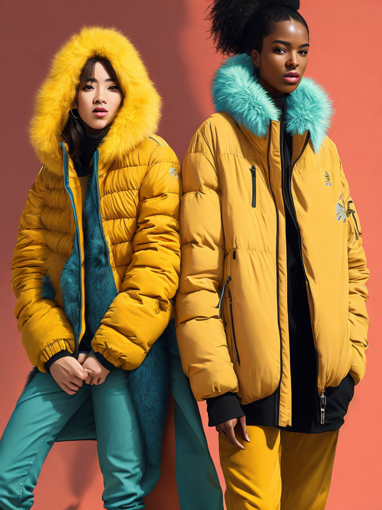women wearing a very fluffy jackets, yellow fluffy jackets, on a pink background, bright colors
