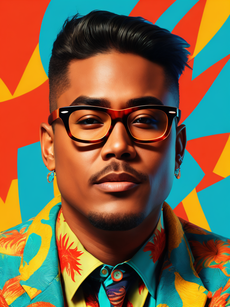 Hawaiian singer wearing a brightly patterned jacket and wayfarer glasses, Vivid saturated colors, Contrast color