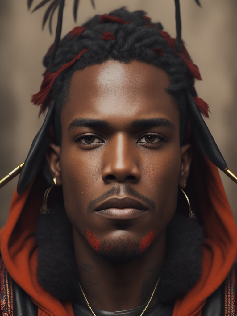 Portrait of a handsome indigenous male gang member, tattoo of a red bear on his chest, bright and saturated colors, elegant, highly detailed, vogue, fashion magazine, sharp focus, bright expressive makeup, dramatic lighting, depth of field, incredibly high detailed, blurred background