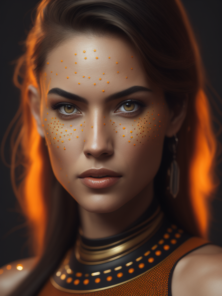 photo of a woman face with orange dot pattern, futuristic, photorealistic