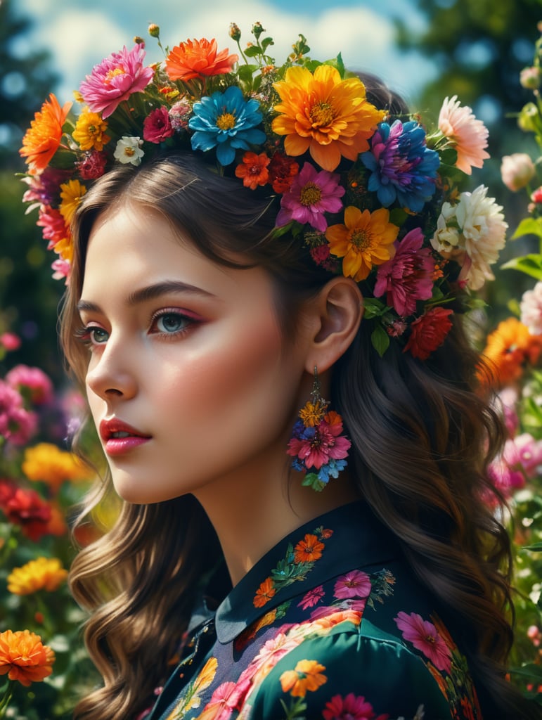 Girl in a blooming garden, fashion editorial, floral edition, millions of colorful flowers, analog fashion portrait, fashion photo of a portrait of a girl in profile with an open ear. Vivid saturated colors. Hdr