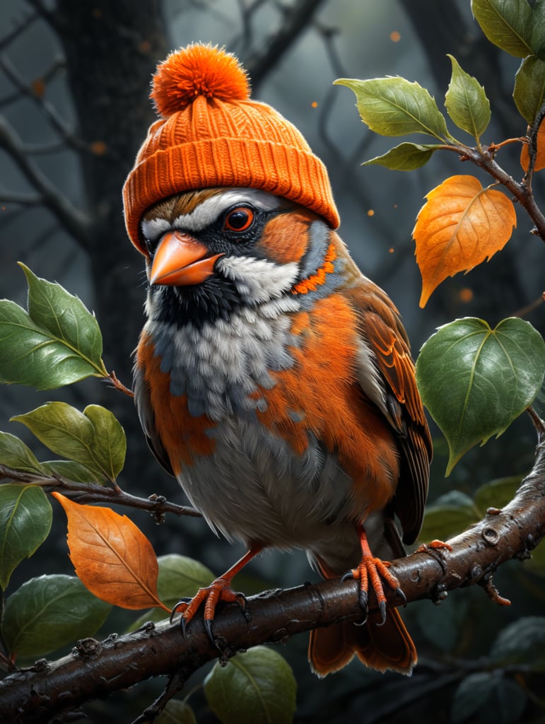 Singing sparrow wearing an orange beanie on a branch with two leaves