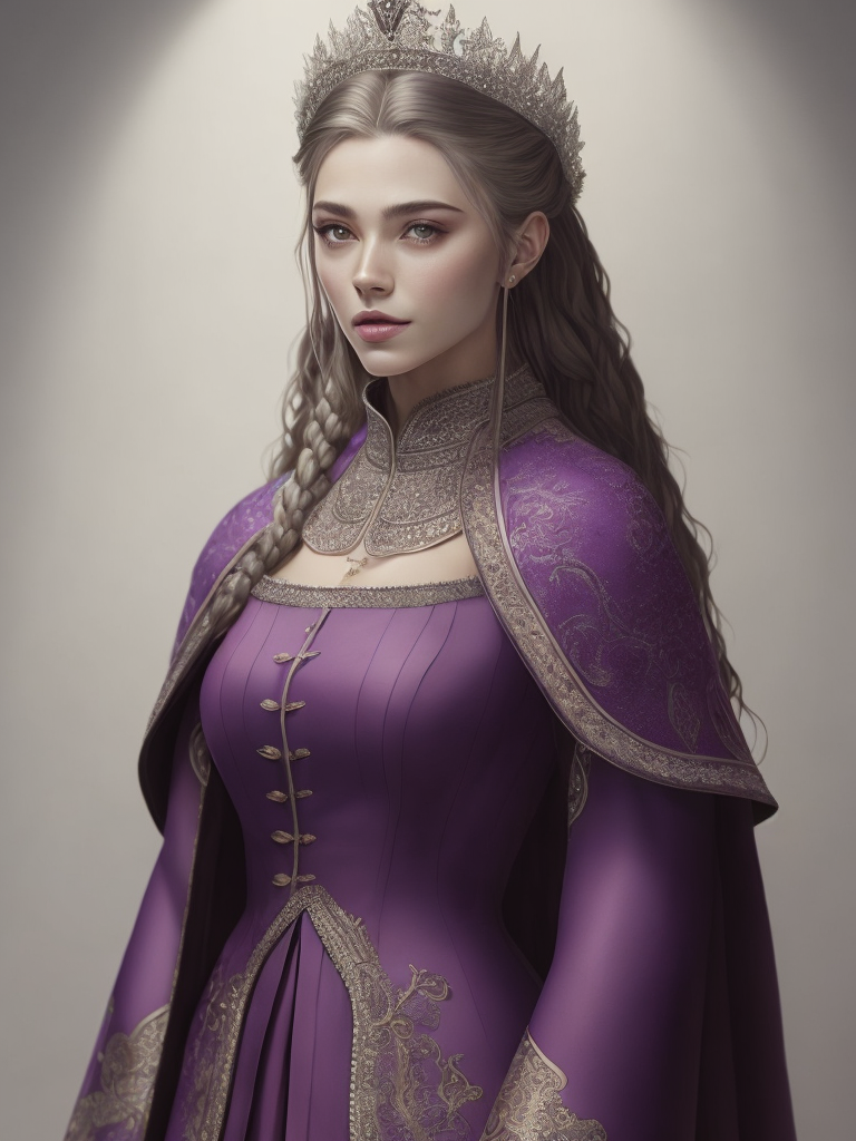 Portrait of a young queen with long wine color braided hair, royal guard purple outfit, elegant, highly detailed, digital painting, artstation, concept art, smooth, illustration, oval face, art by helena nikulina