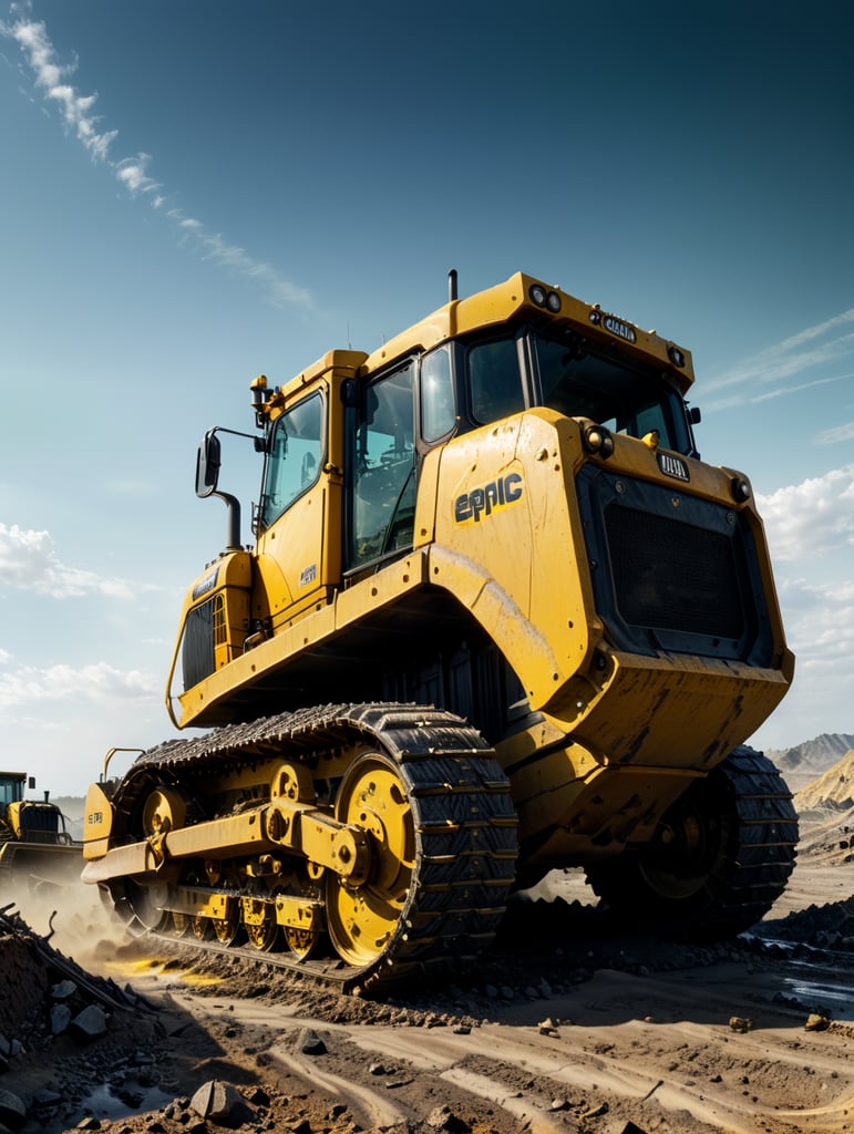 On a summer's day, a yellow caterpillar Crawler Dozer - Left Half Side View speeds ahead, splash in a wasteland.