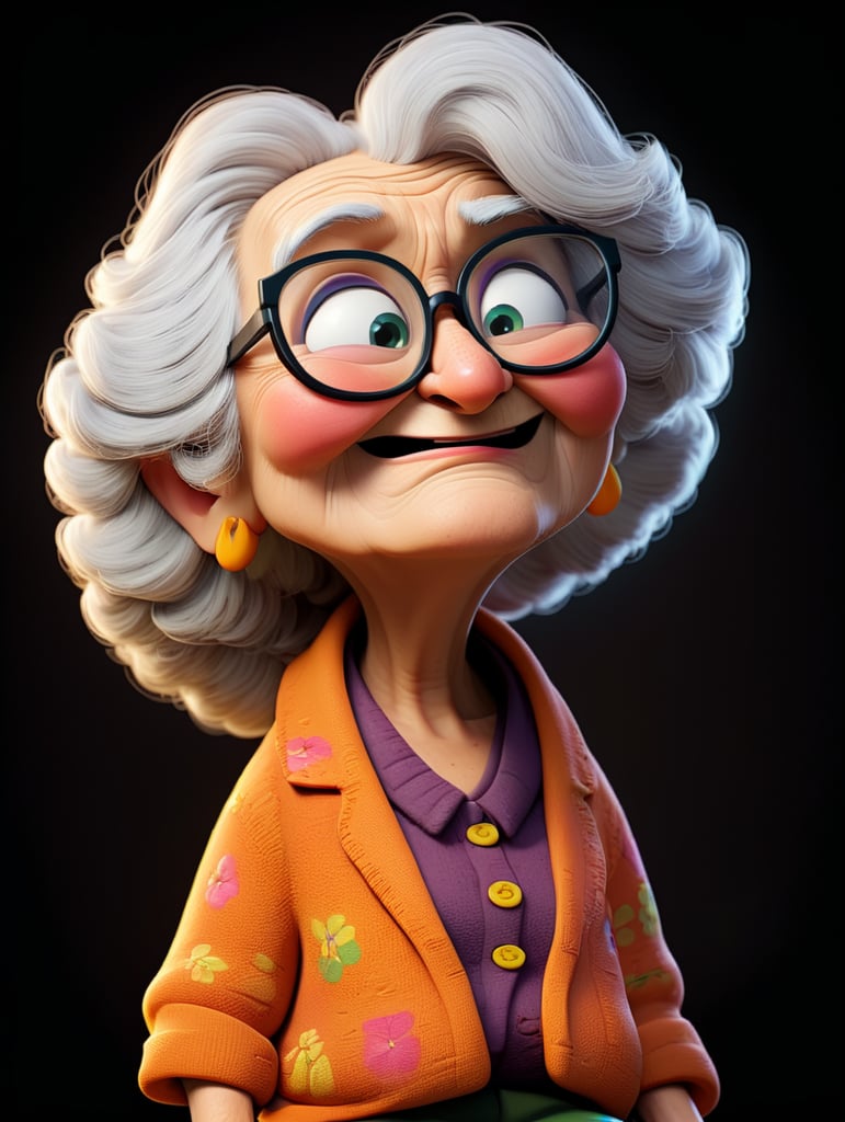 whole body old women character with black glasses, cartoon, isolated, black background sitting in a rocking chair