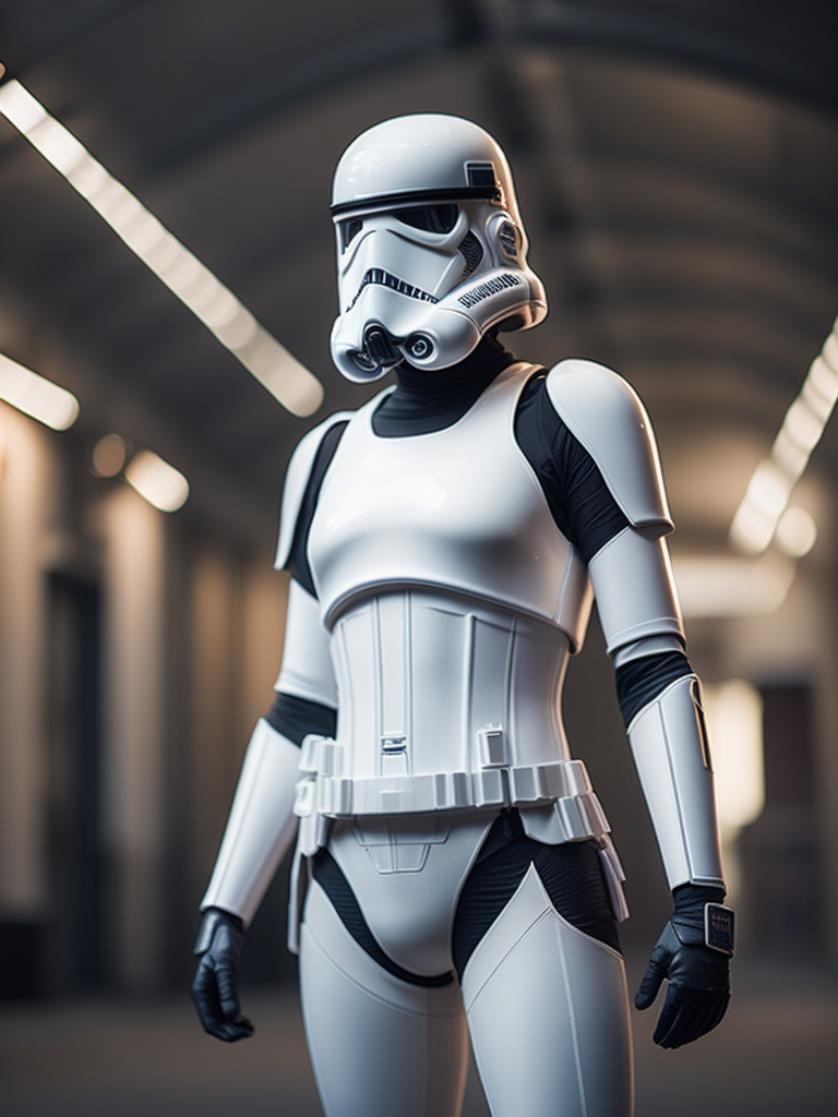 Fit girl in a stormtrooper outfit, exposed belly, large breast, full body, Dramatic Lighting, Depth of field, Incredibly high detailed