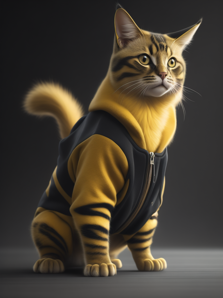 Photorealistic image of a Cat that looks like pikachu in a jumpsuit