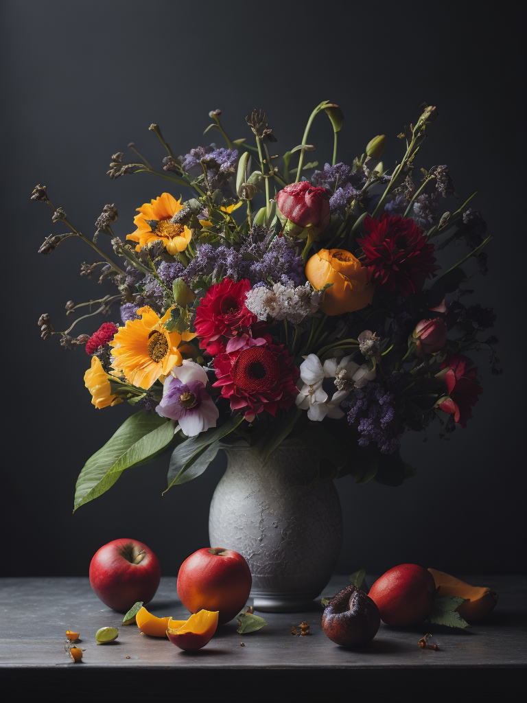 Craft a hyper-realistic still life painting showcasing a bouquet of exquisite flowers and fruits