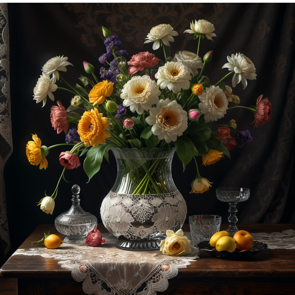 Flowers in a glass vase + on an old table + lace tablecloth