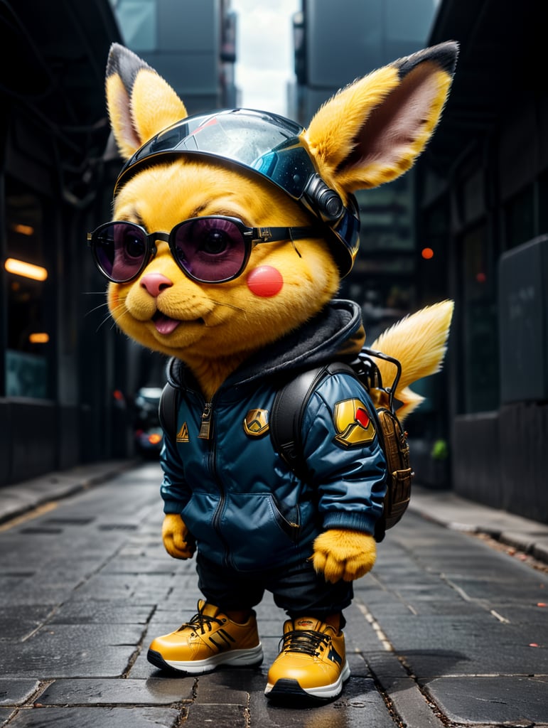 cute stylish Pikachu with a duck nose like Donald Duck, dressed in stylish futuristic sportswear, large sneakers and futuristic glasses