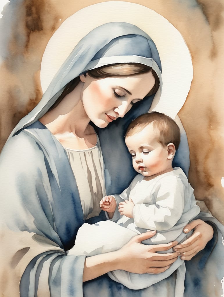 mary and baby jesus watercolor painting