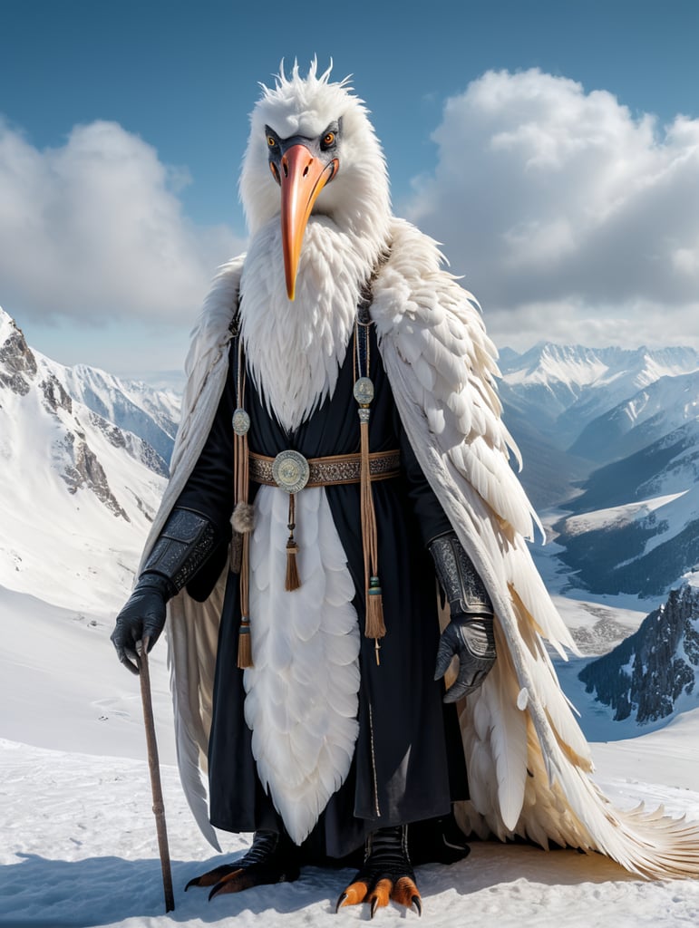 photograph of a 20 foot tall humanoid creature with a long white flowing yeti robe and a white long beak bird stork mask, long white beak, long flowing plumage, sitting on a snowy plateau, on a snow-covered a siberian mountain, grainy webcam footage, low budget special effects, practical effects, arctic, cryptozoology