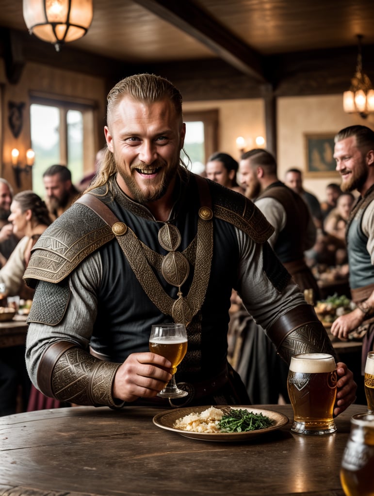 Ragnar Lothbrok having fun in Valhalla with the gods, a lot of food on the tables, women dancing, a lot of ale