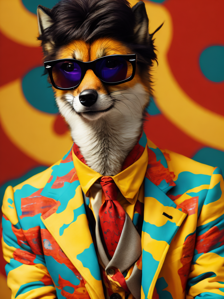 A fox wearing a brightly patterned jacket and wayfarer glasses, Vivid saturated colors, Contrast color