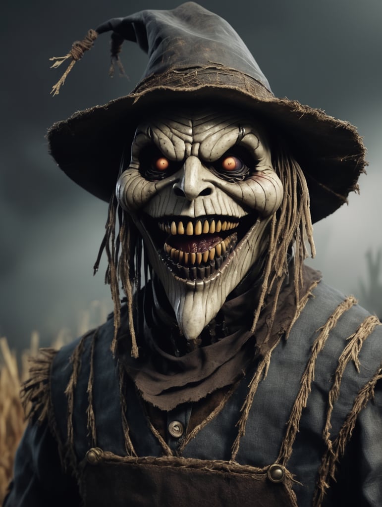 generate a 3d animated horror scarecrow with dark colors involved. Leave his mouth open with no teeth and smiling.