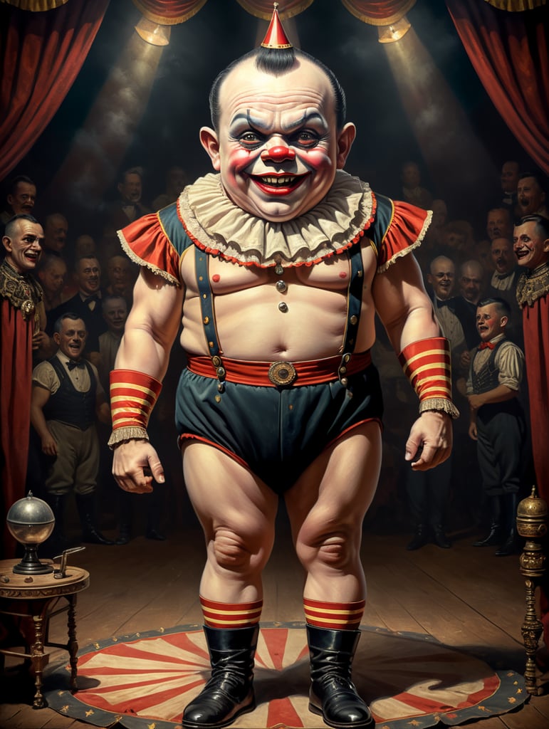 Vintage style circus sideshow poster of a full body anthropomorphic Scary midget