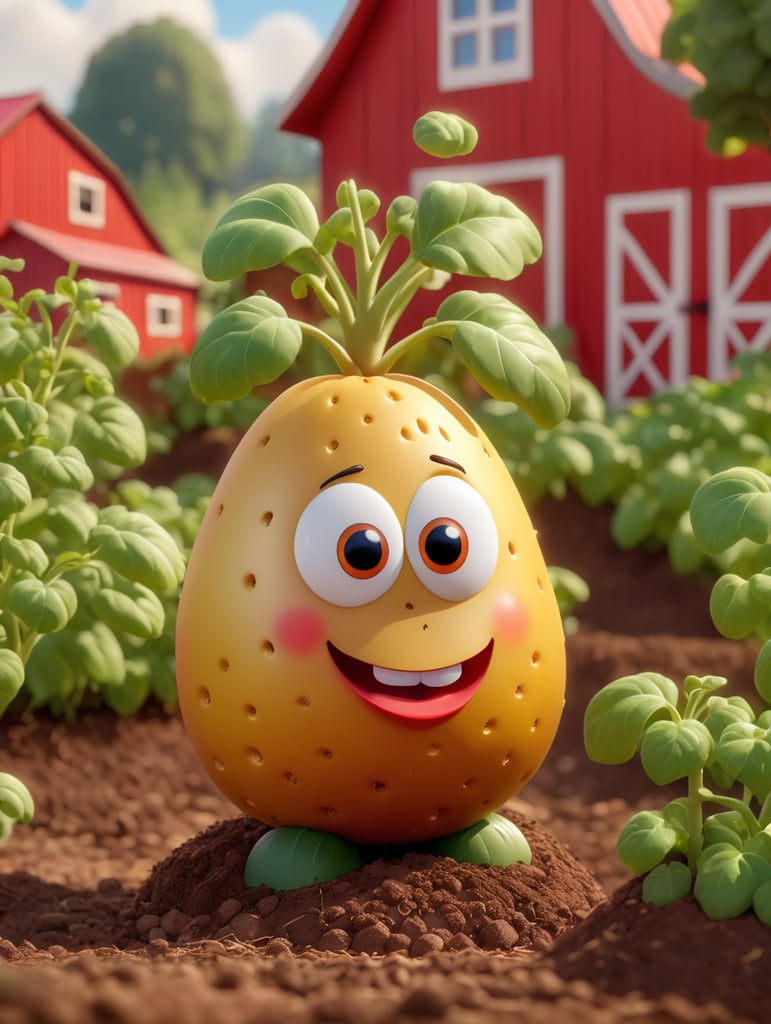Funny but gloomy potato in the garden, on the shape of a farm with a red barn, professional shot, blurred bokeh background, sunny day, bright colors, sharp and clear details