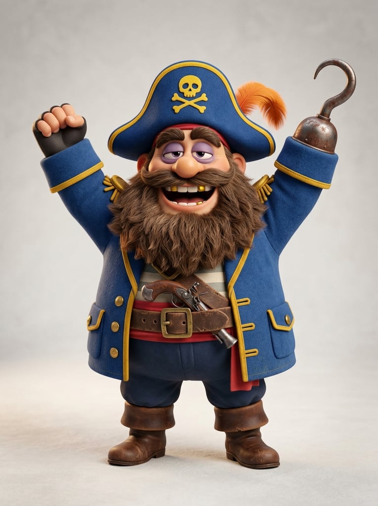 Stylized 3D render of a stout, pill-shaped pirate character with raised arms on a plain background. He wears a blue coat, brown boots, and a blue bicorne hat with a yellow skull. Features include a thick brown beard, heavy purple eyelids, and a hook for a right hand. Soft studio lighting illuminates the smooth matte textures.