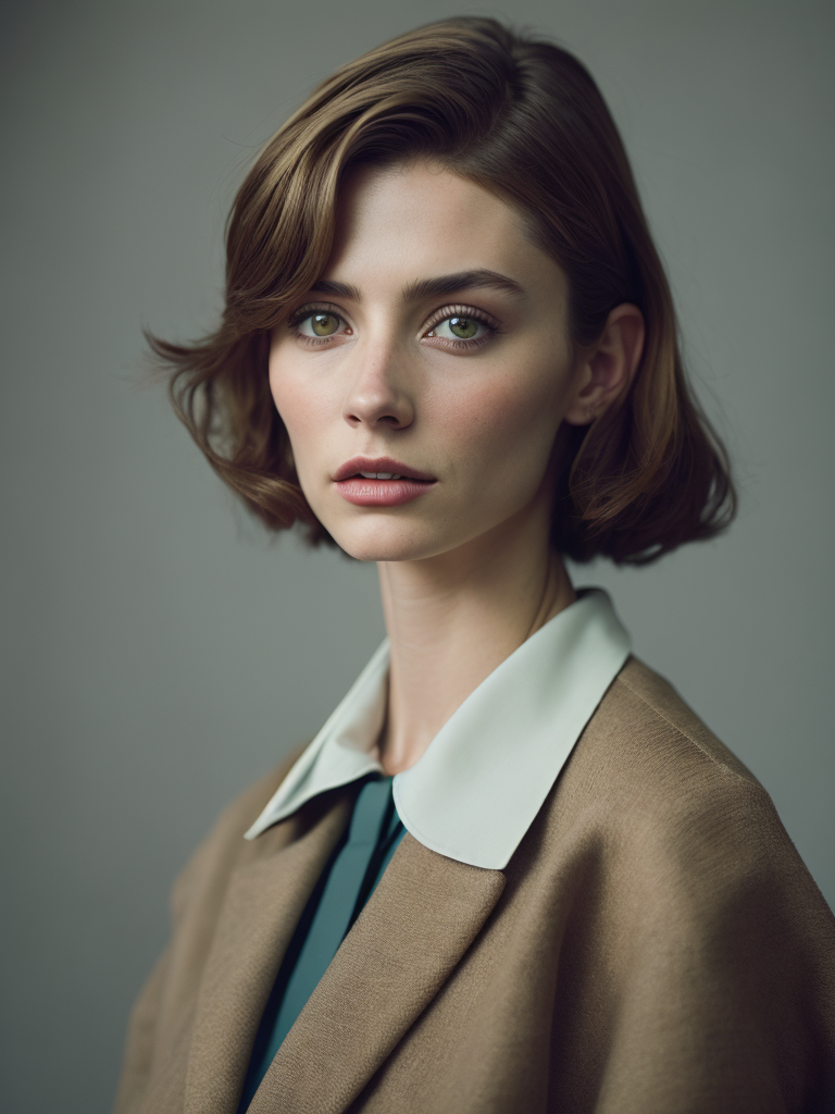 portrait of twenty years old girl with green eyes, 1964 year, sixties, 1960's haircut, Britain culture, light and pastel colours, 8k, kodak film colour, 35mm lens