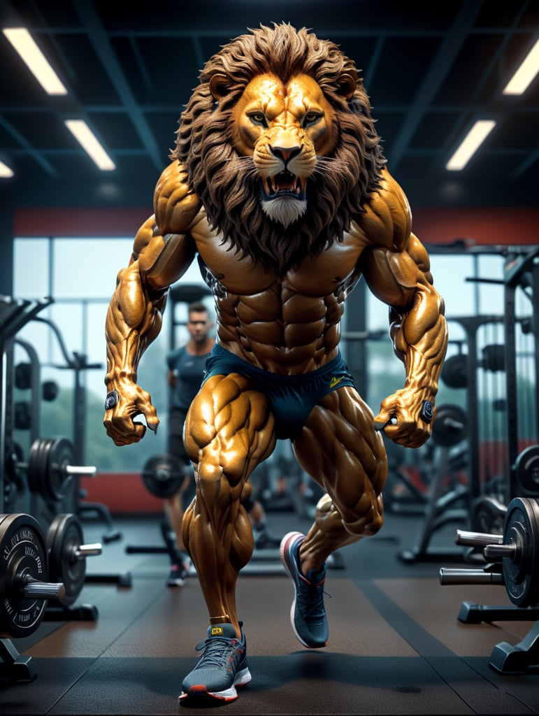 realistic lion man,8k, unreal engine render, full body wearing running shoes work out at gym