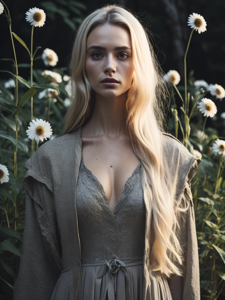 A beautiful woman model with blonde hair. She is standing tall. She is dressed in a long light-colored dress adorned with various delicate and light-colored flowers.
